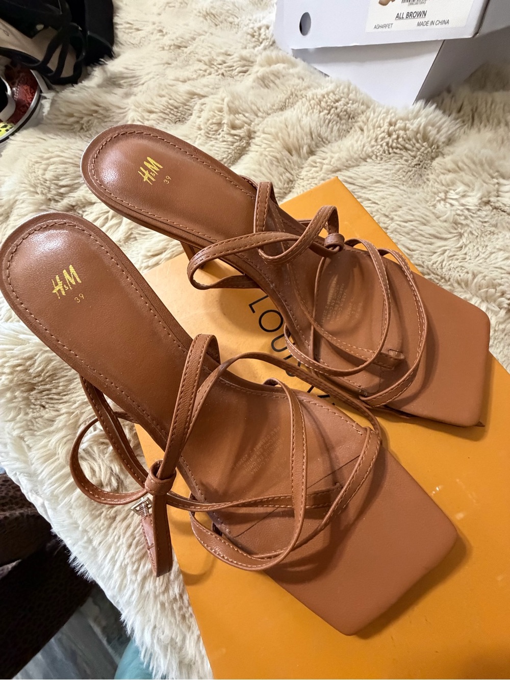 H&M Tan Strappy Square-Toe Heeled Sandals